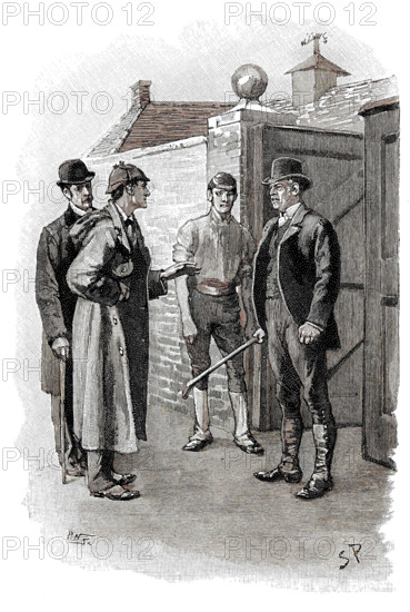 The Adventure of Silver Blaze, Holmes questioning a suspect. Creator: Sidney E Paget.