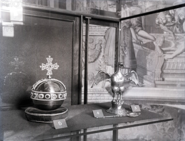 Crown Jewels of the United Kingdom - replicas of the orb, ampulla and anointing spoon, c1953.  Creator: Arthur Charles Kirby Ware.