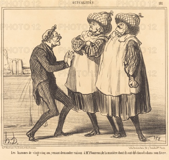 Les hommes de vingt-cinq ans venant demander raison à Mr. Flourens..., 1855.  Creator: Honore Daumier.