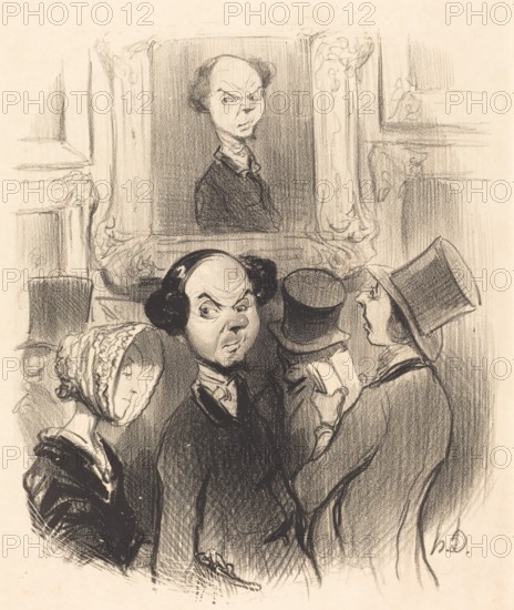 Charmé de se voir exposé, l'original ici présent conduit son épouse au salon..., 1841. Creator: Honore Daumier.