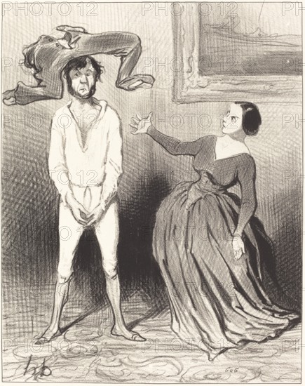 Une femme comme moi...remettre un bouton?..., 1844.  Creator: Honore Daumier.