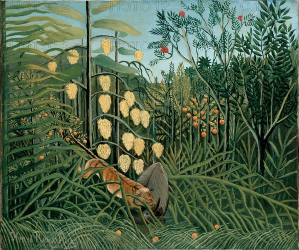 In a Tropical Forest. Struggle between Tiger and Bull, 1908. Creator: Henri Rousseau.