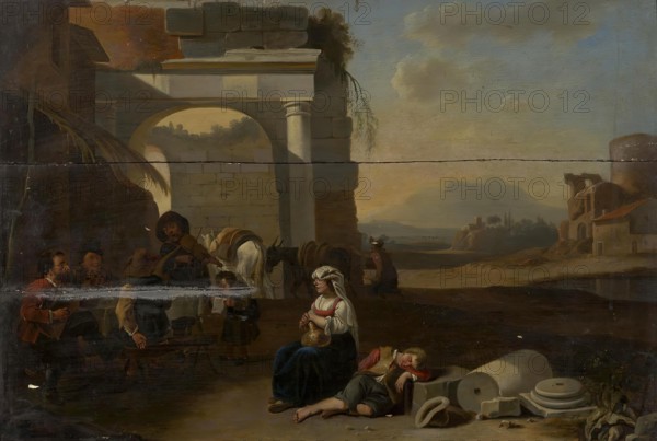 Italian landscape with peasants resting by ruins, 1670. Creator: Laureys Goubau.