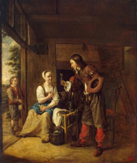 Soldier Offering a Woman a Glass of Wine, 1650. Creator: Pieter de Hooch.
