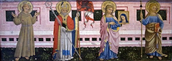 Francis of Assisi, St Herculanus, St Luke and Apostle Jacob the Elder, 1452. Creator: Bartolomeo Caporali.