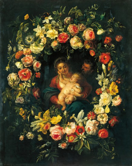 Holy Family in a Wreath of Flowers, 1636. Creators: Erasmus Quellinus, Frans Ijkens.