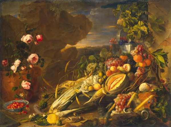 Fruit and a Vase of Flowers, 1655. Creator: Jan Davidsz de Heem.