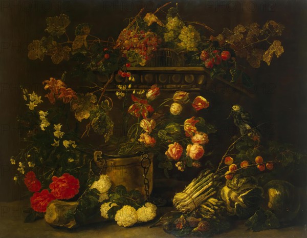 Still Life with Flowers, Fruit and Parrot, 1650. Creator: Jan Fyt.