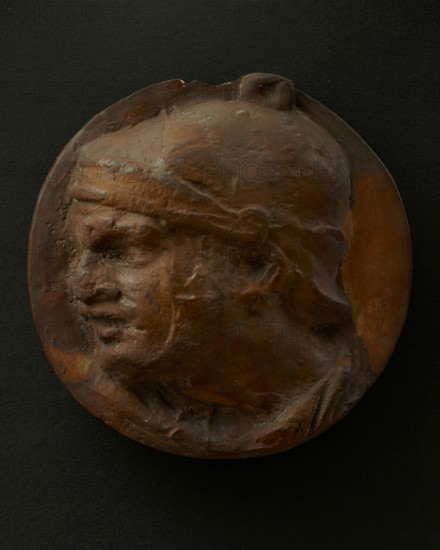 Cast of the head of Roman soldier in helmet with raised right arm. Creator: Unknown.