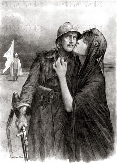 Merci ! - Victoire des alliés sur l'Allemagne, 11 novembre 1918. Le drapeau blanc porté par un officier allemand au dernier plan et la bise d'une veuve portant le bonnet phrygien, à un soldat français.