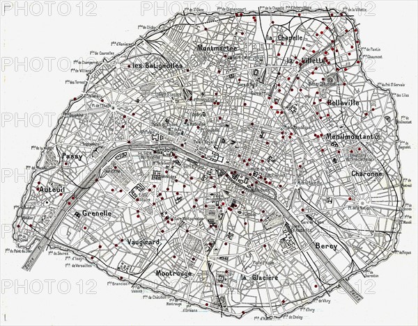 Les bombardements aériens de l'artillerie allemande sur Paris Carte représentant les impacts des bombardements sur Paris par les canons allemands à longue portée, les "Berthas" fabriqués par les usines Krupp, du 23 mars au 09 août 1918.