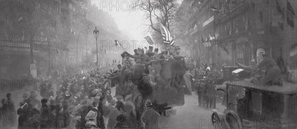 Scènes de joie à Paris le jour de l'armistice du 11 novembre 1918