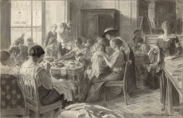 Les nouveaux après-midi de la parisienne : la confection de layettes pour les bébés des combattants - La première guerre mondiale. Le concours des femmes à l'effort de guerre, septembre 1914.