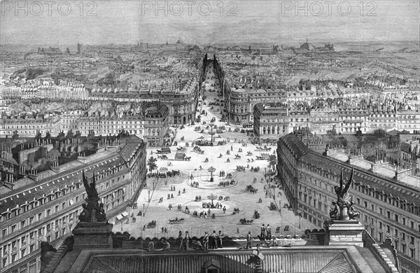 Travaux du baron Haussmann à Paris. Le percement en 1869, de la butte des Moulins avec l'ouverture de l'avenue Napoléon (Opéra) perpendiculaire à la façade du nouvel Opéra (Opéra Garnier) et aboutissant au théâtre Français (comédie française).