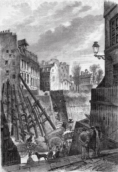 Les travaux du baron Haussmann   à Paris. Percement en 1869, de voies nouvelles à Paris : vue de la rue Rollin à sa rencontre avec la rue Monge.