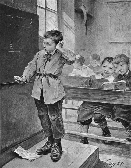 Peinture en 1882 de J. GEOFFROY illustrant un élève convoqué au tableau pour résoudre un problème mathématique. Cette peinture illustre les lois de 1881 instituant la gratuité, la laïcité et l'obligation de l'enseignement primaire.