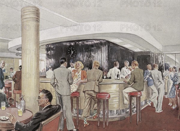 En 1939, le bar des deuxièmes classes du paquebot Pasteur, décoré par Gicquel. Le paquebot Pasteur, construit à Saint-Nazaire par la Compagnie Sud-Atlantique, fut lancé le 15 décembre 1938.  Aquarelle de José Simont parue dans L'Illustration du 9 septembre 1939.