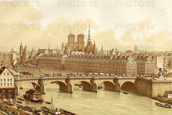 La Seine et le pont Neuf à Paris. La cité et le Pont-neuf en 1665, de GàD : Le pont aux Change, la Samaritaine, La conciergerie, la rue de Harlay, le quai des Morfondus, la palce Dauphine, le pont Saint-Michel, le cheval de bronze.