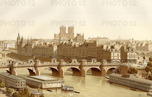 La Seine et le pont Neuf à Paris. De gauche à droite : Le pont au Change, le Pont-Neuf, les bains de la Samaritaine, la Conciergerie, la rue de Harlay, le quai de l'Horloge, la place Dauphine, le pont Saint-Michel, la statue de Henri IV.