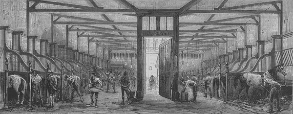 En 1874 à Paris, vue des écuries des magasins du Bon Marché, enfermant une centaine de chevaux. Gravure de Smeeton et Tilly d'après Fichot, parue dans L'Illustration du 10 octobre 1874.