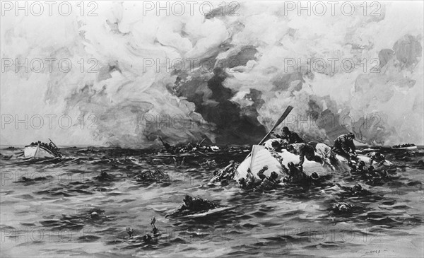 Aprés le torpillage, et l'engloutissement du paquebot, la lutte des survivants pour monter sur un canot de sauvetage. Première Guerre Mondiale -
