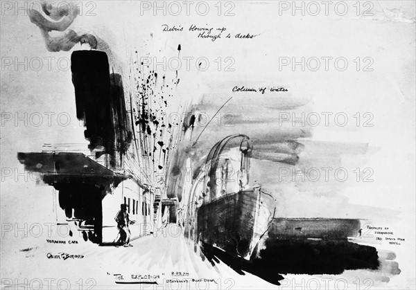 Le commencement de la catastrophe: l'explosion produite, a 2h22, par la torpille, comme on la vit du pont tribord.  Traduction des annotations en anglais: -Debris projetes a travers 4 ponts.- - -Colonne d'eau.- - -Periscope du sous-marin a 110 metres du paquebot.-  Fac-simile de deux croquis d'un survivant du Lusitania, M. Oliver P. Bernard, peintre de decors de Covent Garden, qui, etant monte sur le pont apres le lunch, vit le periscope du sous-marin et l'effet de l'explosion, et prit place dans le dernier canot qui put s'eloigner.
