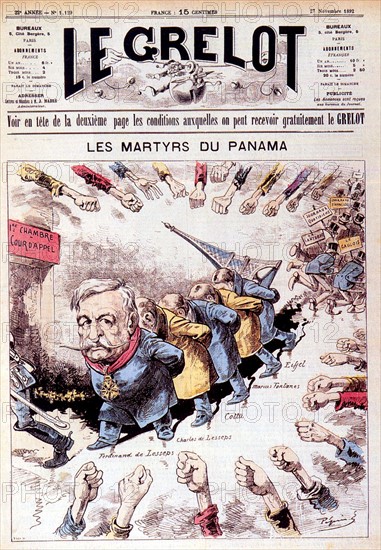 Caricature sur le procès du Panama en novembre 1892. Les principaux protagonistes sont représentés de G à D : Ferdinand de Lesseps, Charles de Lesseps, Cottu, Marius Fontanes, Gustave Eiffel.