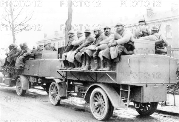 Truck taking soldiers to the front during the Battle of Verdun, 1916