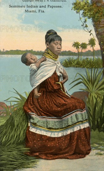 Carte postale représentant une Indienne Séminole et son enfant, Miami, Floride
