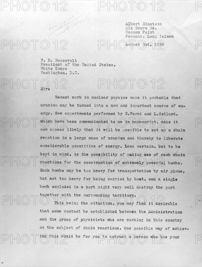 Letter from Einstein to President Roosevelt concerning the atomic bomb