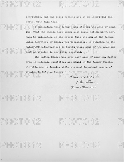 Letter from Einstein to President Roosevelt concerning the atomic bomb