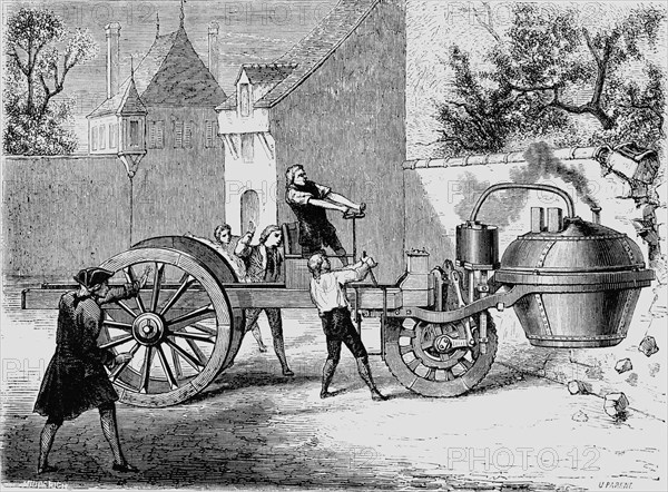 La première voiture à vapeur essayée par l'inventeur Cugnot en 1770