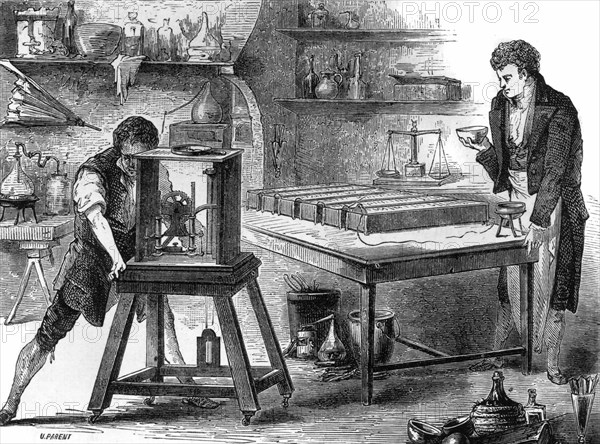 Sir Humphry Davy decomposing the alkalis by means of the voltaic pile (1807)