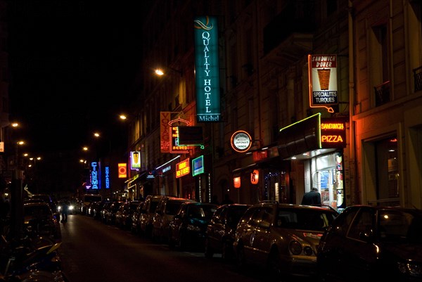 Night view of the Quartier Montparnasse in Paris, France