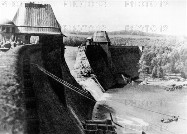 World War II. Bombed dyke on the River Möhne, in Germany