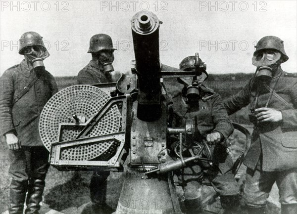 German soldiers wearing gas masks