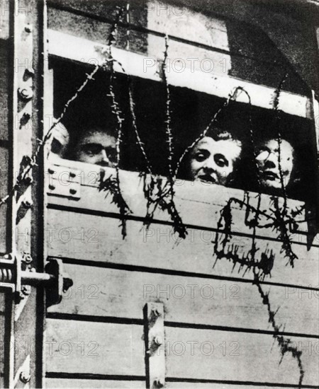 Des femmes juives sont transportées dans un wagon à bétail dans un camp de concentration nazi