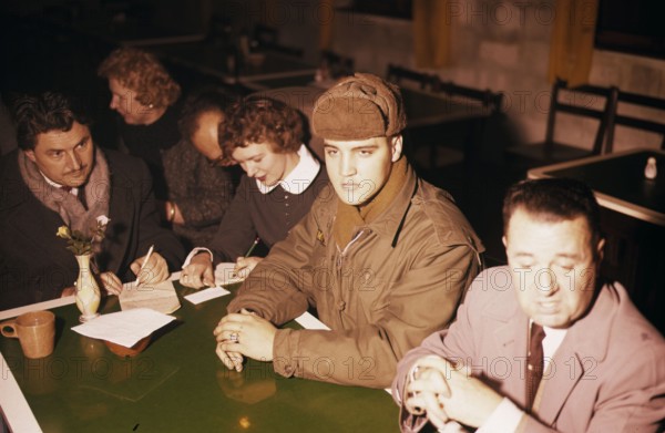 Elvis PRESLEY as a soldier during a press conference, 1958