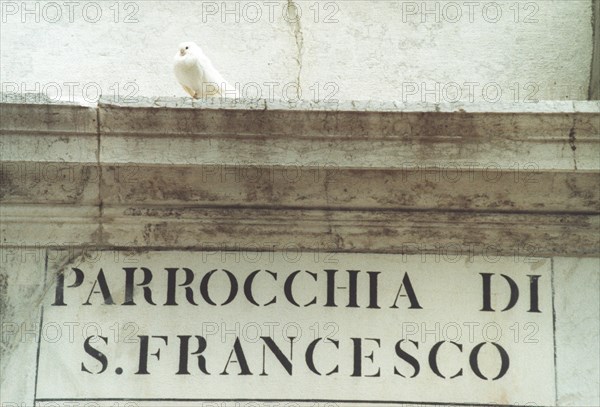 Detail of an inscription on a wall: St. Francis parish in Venice.