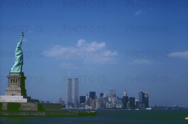 View of Liberty Island, the Statue of Liberty and the World Trade Center