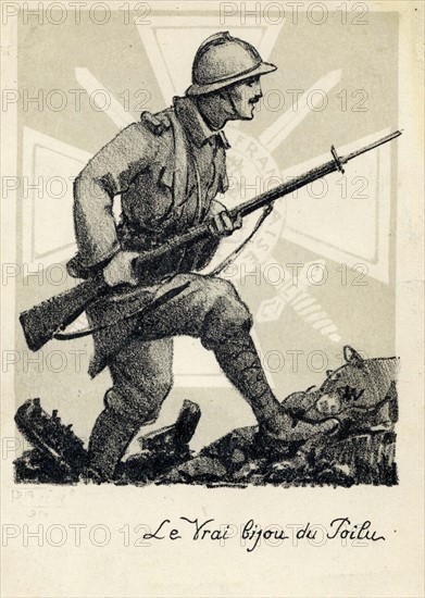 Portrait of a hairy : “ The real jewel of the hairy” refers to the legion of honor drawn in the background. 
Drawing by Roger Breval for he Oeuvre Du Soldat Ardennais (LaFontaine publishing). 1916
Series of 20 postcards sold at an auction in aid of the soldiers of the Ardennes who fought in the First World War.