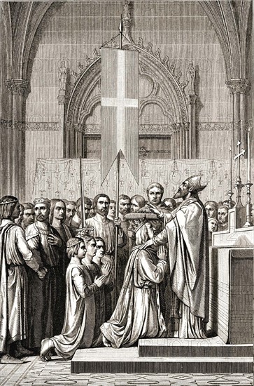 The bishop of Paris blesses Saint Louis before his departure for the seventh crusade.
