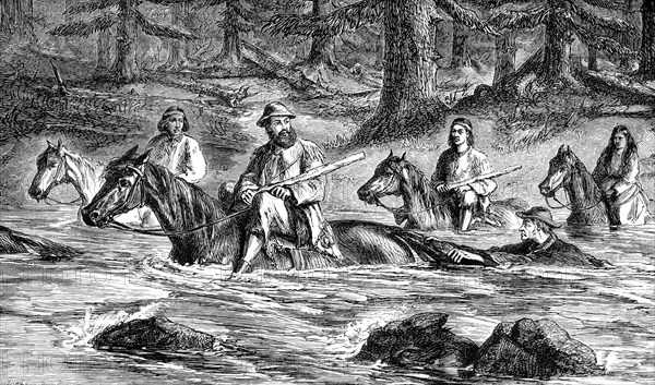 Gold-diggers crossing a river, 1866