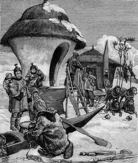 Inuit people building their houses