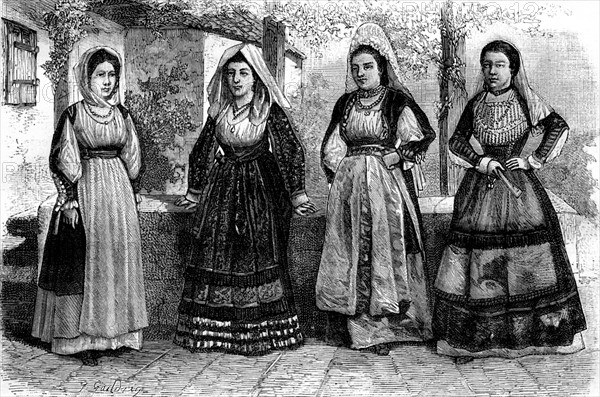 Sardinian women wearing traditional costumes