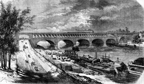 Vue générale du pont-viaduc du Point-du-Jour. 19e siècle