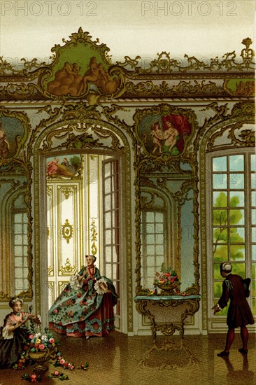 The Hall of the Hôtel de Villars in Paris, 118 rue de Grenelle (7th arrondissement), decorated by the French architect, Jean-Baptiste Leroux 
Chromolithograph from Paul Lacroix's book: "Le 18th century : institutions, usages and costumes
1875
