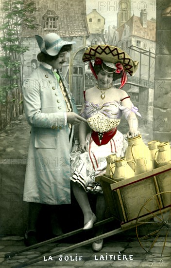 Vintage postcard, the pretty dairy girl and the lover