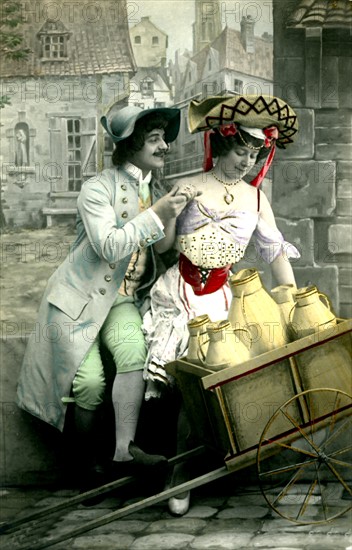 La jolie laitière et l'amoureux. Carte postale ancienne