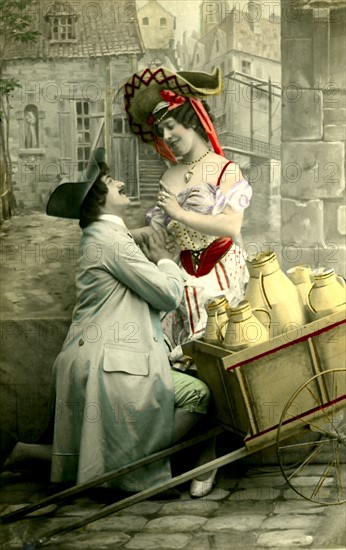 Vintage postcard, the pretty dairy girl and the lover